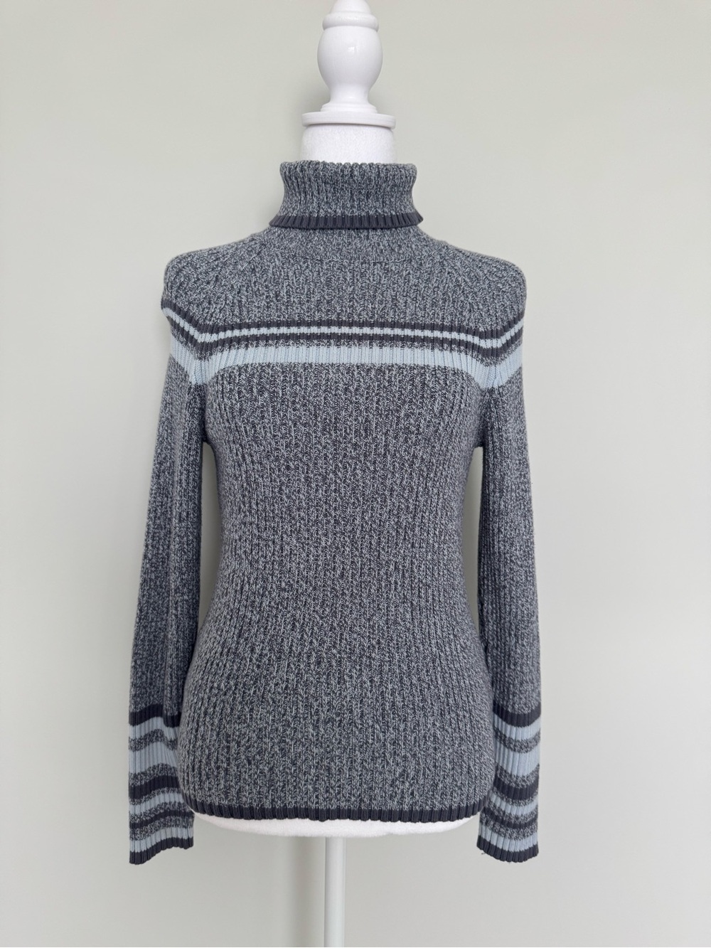 Jana Vintage Gray Ribbed Knit Striped Turtleneck Women Sweater Y2K Size L